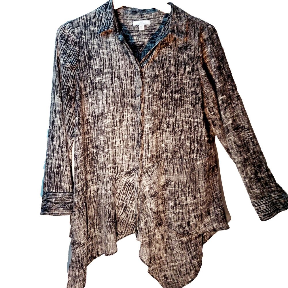 H Halston Womens Button Up Blouse Shirt Asymmetric Black White